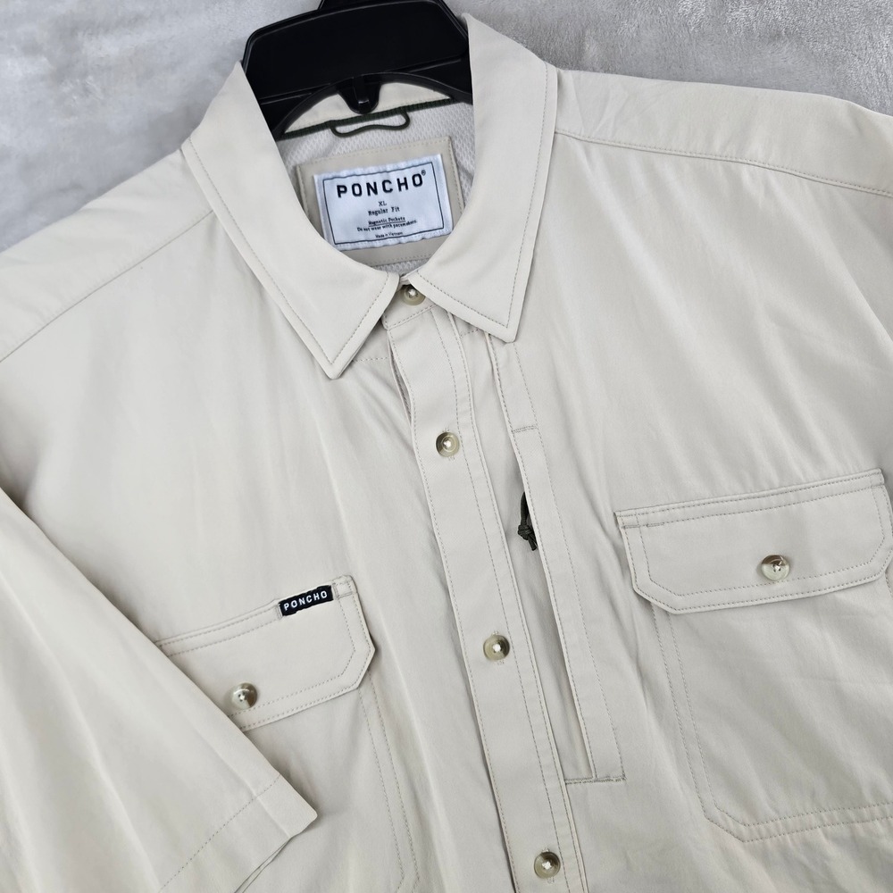 Poncho Fishing Shirt Mens XL Tan Short Sleeve Magnetic Pockets Regular Fit